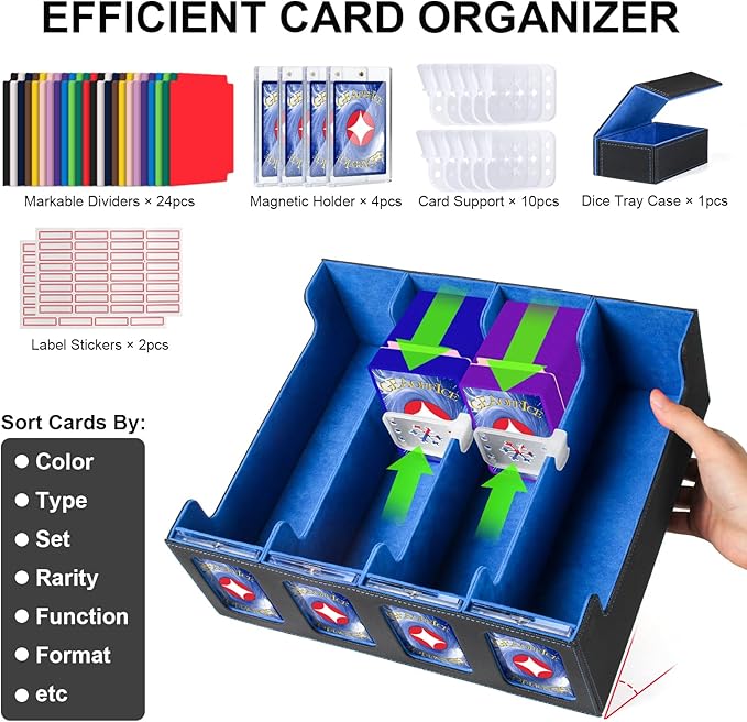 GEAoffice Trading Card Storage Box with Commander Display, 3200+ Card Deck Case with Magnetic Removable Lid, 4-Row Deck Box for MTG/TCG/Sports/Games, 10 Stoppers, 24 Dividers, 1 Dice Tray, Black Blue