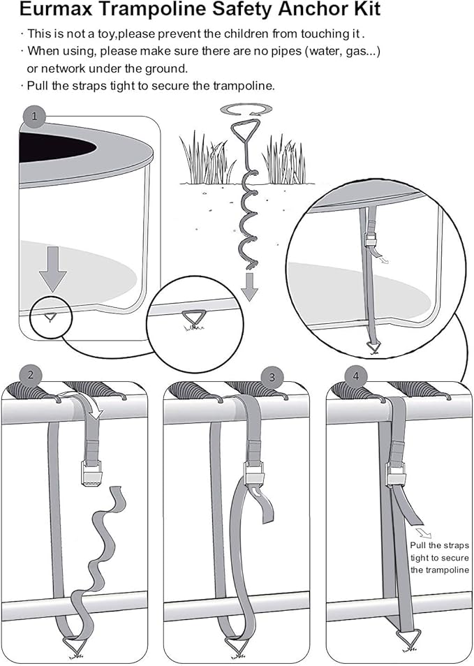 EURMAX USA Windproof Trampoline Stakes Anchor Kit-4pcs Steel Corkscrew Anchor,Heavy Duty Tie Down Kit with T-Hook&Reinforced Safety Straps,Secure Weatherproof Protection for Trampolines,Tents&Playsets