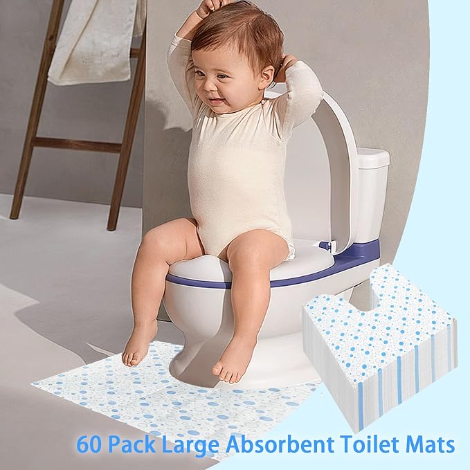 60 Pack Disposable Toilet Commode Mat,Non-Slip Waterproof U-Shape Commode Pads for Adult Incontinence & Kids Potty Training,Bathroom Floor Protector (Blue Dot)