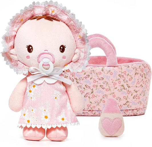 9'' Soft Baby Doll Toys for 1 Year Old Girl, Pretend Playset with Plush Doll, Bassinet, Blanket and Bottle, Perfect Birthday for Toddlers & Infants