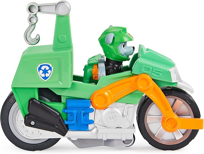 Paw Patrol, Moto Pups Rocky’s Deluxe Pull Back Motorcycle Vehicle with Wheelie Feature and Toy Figure