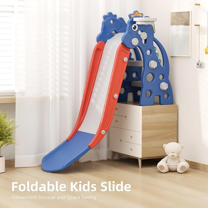 GLAF Toddler Slide Indoor for Toddlers 1-3 Baby Slide Outdoor Playset with Basketball Hoop and Ball Plastic Foldable Slides for Kids Backyard Climber Set (Blue)