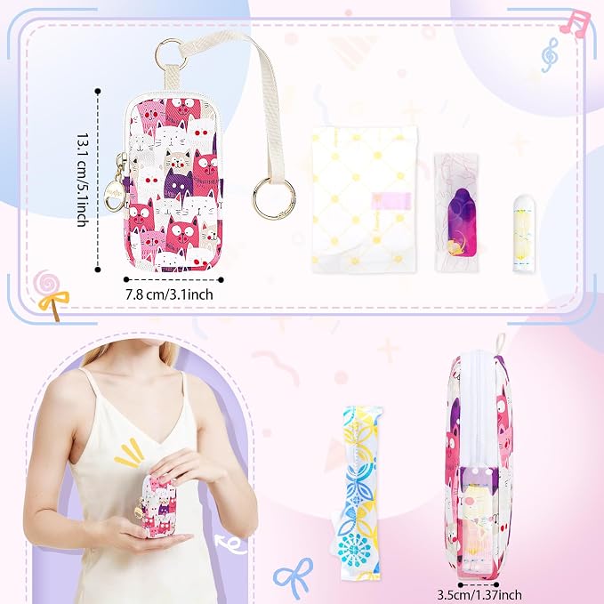 Tampon Holder for Purse, Cute Period Bag with Wristlet Strap, Portable Tampon Bag Organizer Case for Feminine Products (Green Cats)
