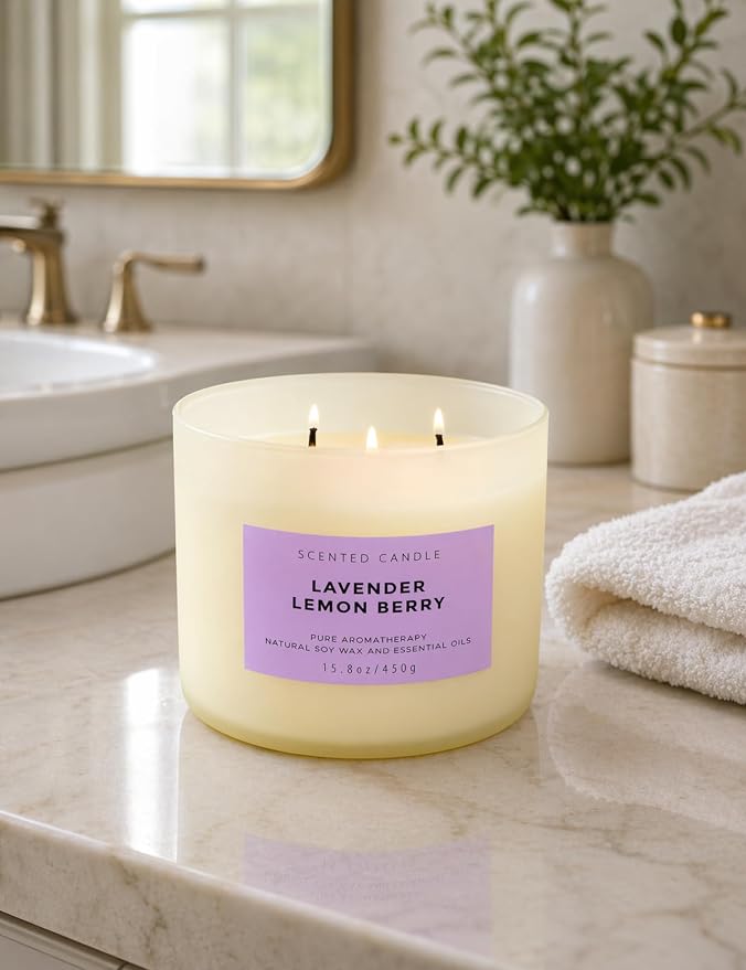 Lavender Lemon Berry 3-Wick Soy Aromatherapy Candle for Women, 15.8 oz | Ylang-Ylang, Cedar & Violet Notes, Calming Floral Lemon Home Scent, Clean Burn, Bedroom, Bath & Spa, Gift for Her & Mom