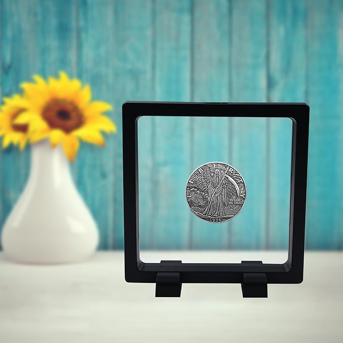 10Pcs Coin Holder Challenge Coin Display Stand, Black 3D Floating Display Case for AA Coin Medallions Jewelry Rock Gem Arrowhead Collecting and Display (4.3×4.3×0.8 inches)