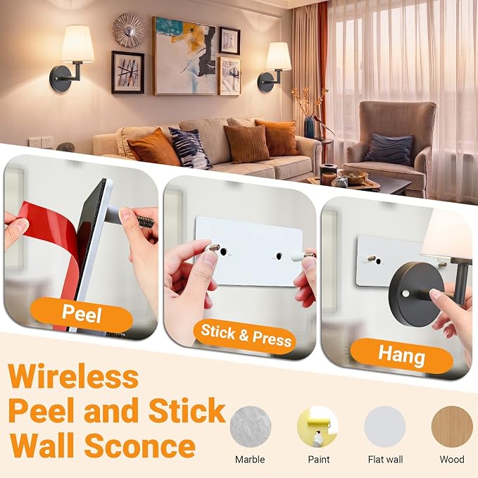 Nekhung Battery Operated Wall Sconce, Peel and Stick Sconces Set of 2 | Wireless Adhesive Stick On Wall Sconce, 10000mAh Rechargeable RGB Bulb with Remote, No Drill Wall Light for Bedroom Decor