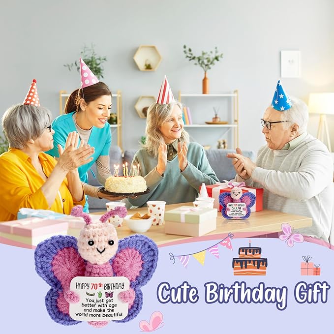 70th Birthday Gifts for Women, Tiny Crochet Butterfly Plush with Pink Purple Wings Holding Positive Note, Happy 70th Birthday Decoration & Gift for 70 Year Old Women