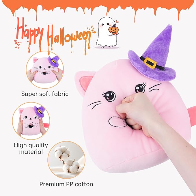 Halloween Plush Cat Stuffed Animal – Pink Cat Plush Halloween Decoration Costume Companion Cute Witch Accessory Kids Family Party Favors 10 Inch