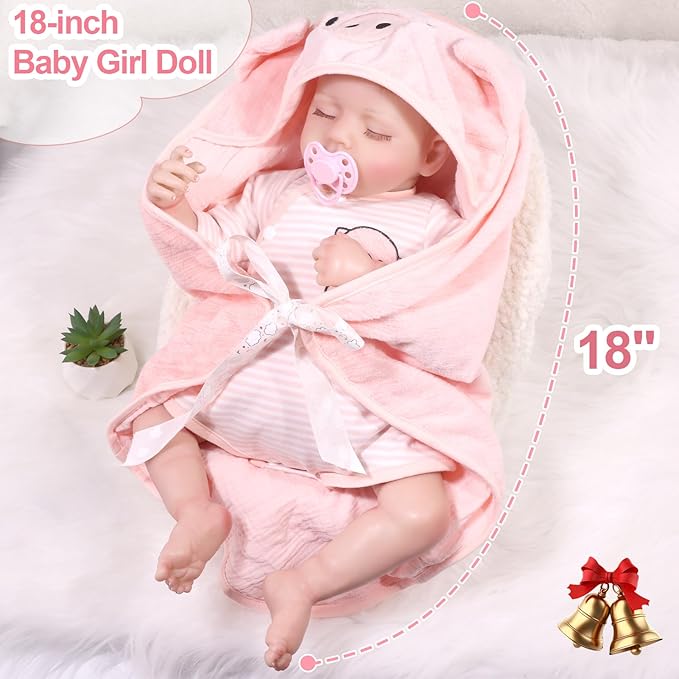 JRLCGYP Lifelike Reborn Girl Baby Sleep Pig Dolls, 18 Inch Realistic Silicone Full Body Newborn Baby Doll, Look Real Girl with Accessories, Weighted Soft Toy Gift for 3+