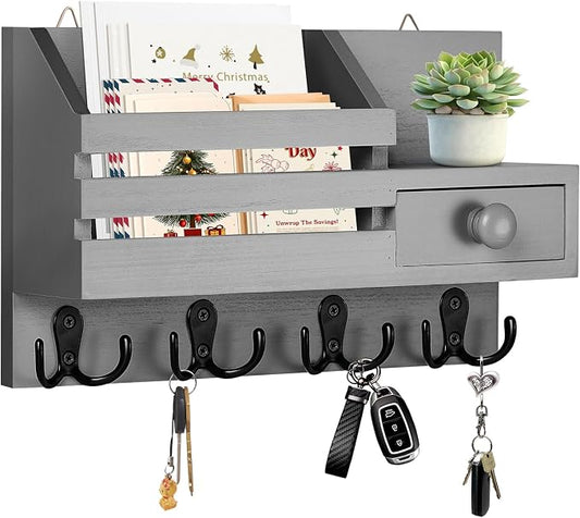 Key Holder Wall Mount, Wooden Key and Mail Organizer, Gray | 2 Mount Options, Includes 8 Hooks, Fence Mail Slot, Small Drawer and Shelf, for Entryway, Hallway, Doorway, Living Room, RV