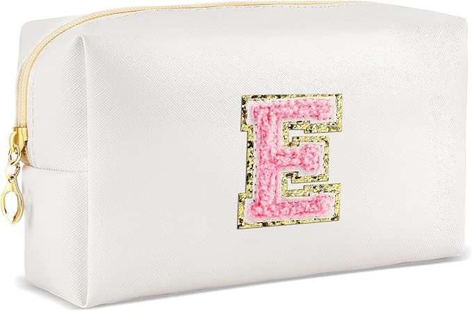 URSKYTOUS Initial Makeup Bag Personalized Preppy Travel Small Cosmetic Bag Cute PU White Chenille Letter Makeup Pouch for Purse Waterproof Zippered Toiletry Organizer for Women Girls Kids Friends (E)