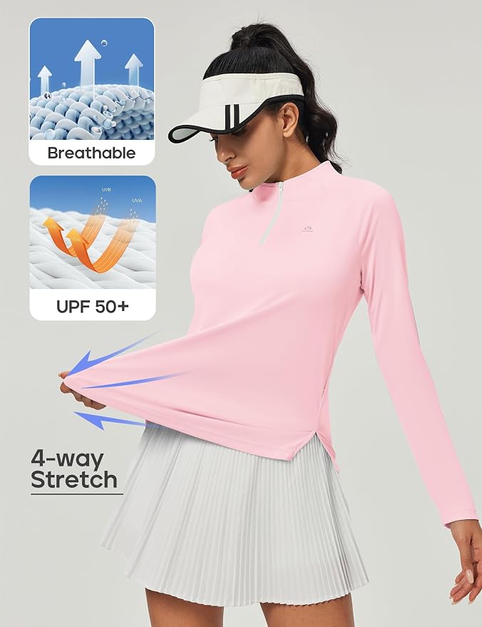 Heathyoga Long Sleeve Workout Tops for Women Golf Shirt UPF 50+ Swim Shirts for Woman UV Sun Protection Quarter Zip Pullover