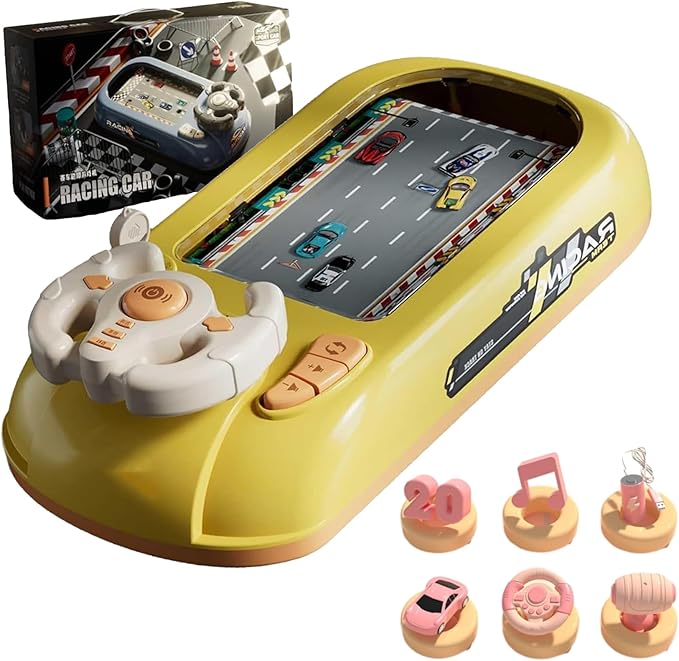 Racing Adventure Car Steering Wheel,Car Racing Adventure Toy with Steering Wheel,Racing Car Toy with Steering Wheel-200 Levels,Sound Effects,Adjustable Volume,2 Speed Adjustable (Yellow)