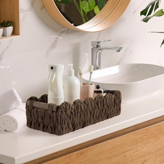 Bathroom Decor Basket for Toilet Paper Storage Baskets For Organizing | For Bedroom Living Room Kitchen Home Decor Scalloped Cute Basekt With Handle for Apartment Countertop,Dark Brown