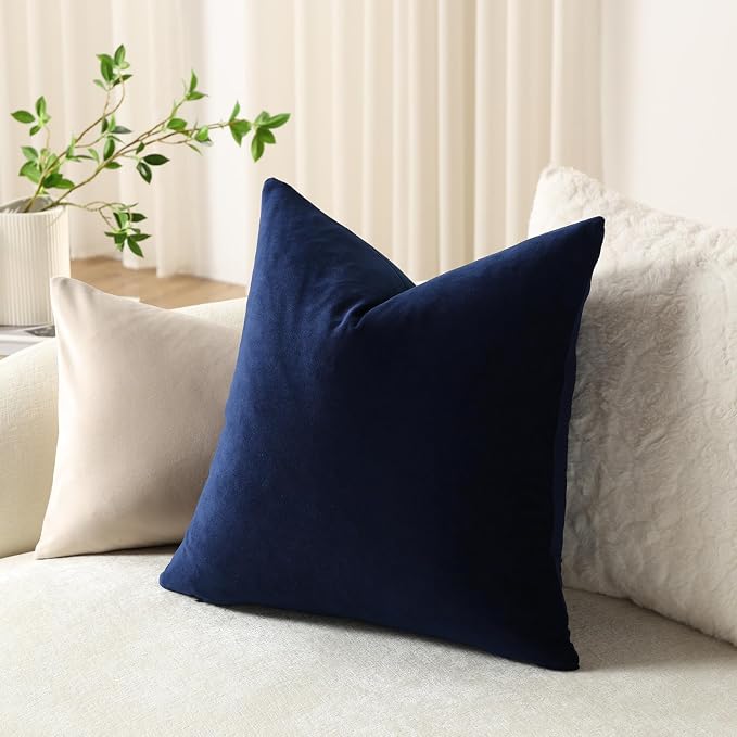 Euro Sham Covers 24x24 Navy Blue: Pack of 2 Cozy Soft Velvet Square Modern Luxury Decorative Throw Pillow Cases for Sofa Couch Living Room Bed Home Decor