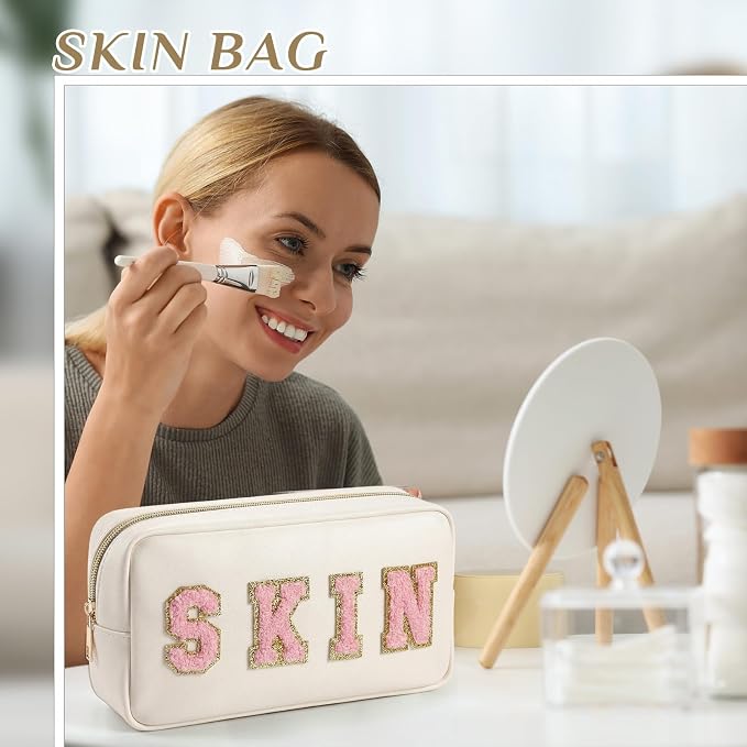 Preppy Makeup Bags Chenille Letter Stuff Bag Nylon Cosmetic Pouch Cases with Zipper for Women Travel Toiletry(Cream Color,Classic,2 Pcs)