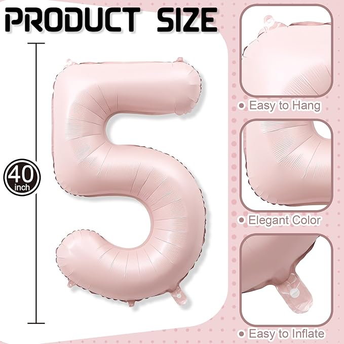 Big Number 5 Balloons, Dusty Light Blush Pink Foil 5 Balloon Numbers 40 inch, Giant 5th Birthday Party Decor, Pastel Baby Pink Mylar Helium Self Inflating Balloon for Girls Anniversary Decorations