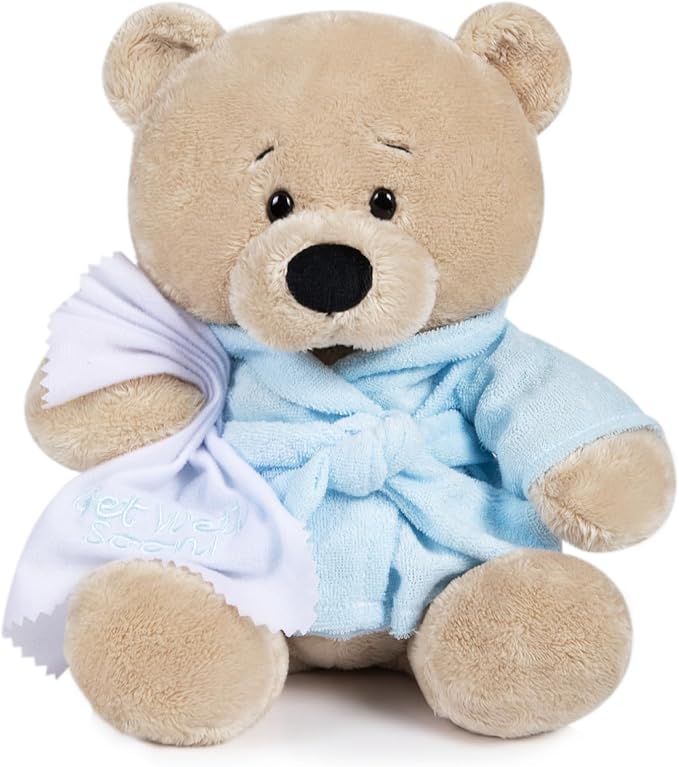 My OLi 9" Teddy Bears Cloth Bear Stuffed Animal Plush Toys Bear Dressed in Bathrobe with Soothing Towel “Get Well Soon” Sleeping Soft Toy Bedtime Gifts for Baby Kids Girls Boys，Blue