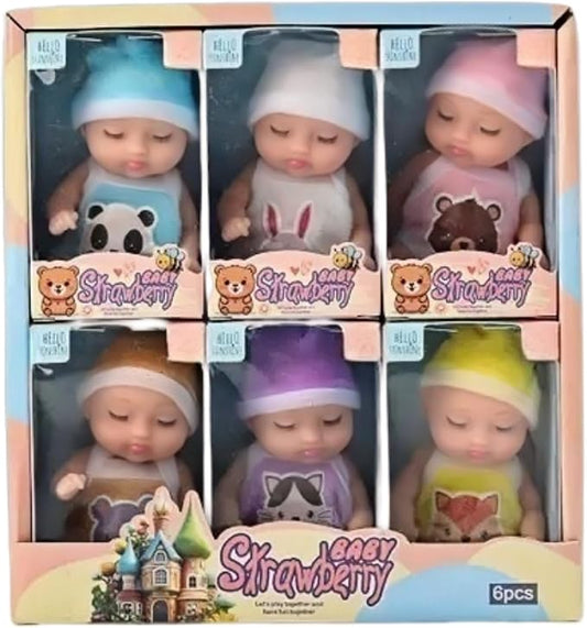 6 Pcs Mini Baby Dolls 4 Inch Gift Set, Cute Small Baby Doll Toys with Animal Clothes for Christmas Stockings, or Dollhouse Collections. (Style E)