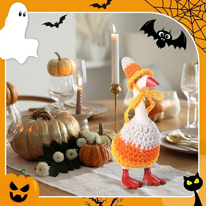 Halloween 7inch Desk Goose Outfits Mini Knitted Costume with Hat for Desk Magnetic Goose Key Holder Halloween Decor (Witch)(1 Set,Candy Cone)