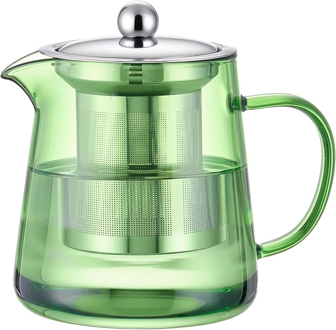 PARACITY Glass Teapot Stovetop 32OZ, Borosilicate Clear Tea Kettle with Removable 18/8 Stainless Steel Infuser, Teapot Blooming and Loose Leaf Tea Maker Tea Brewer (Green, 550ML)