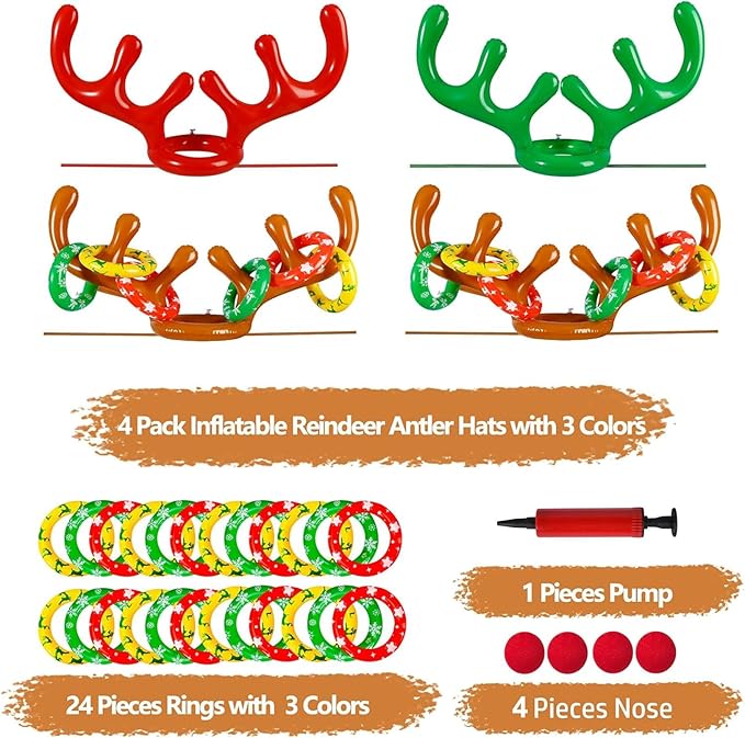 Max Fun Inflatable Reindeer Antler Ring Toss Christmas Games Indoor Outdoor Party Games Hat for Xmas Gifts Holiday Party Supplies Favors Games for Family