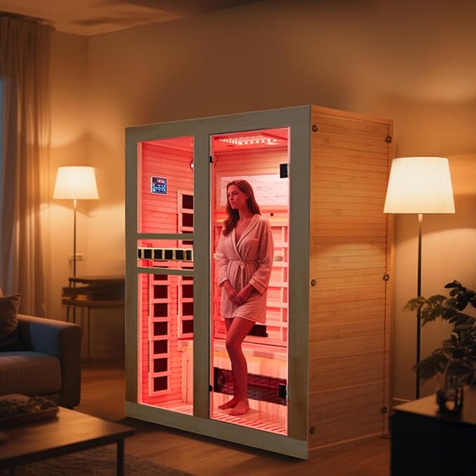 Full Spectrum Infrared Sauna, 2 Person Home Sauna with Red Light Therapy, 15 Minutes Pre-Warm up Indoor Dry Saunas with 2-in-1 Door Handle, 7 Color Light Belts, Canadian Hemlock, 110V
