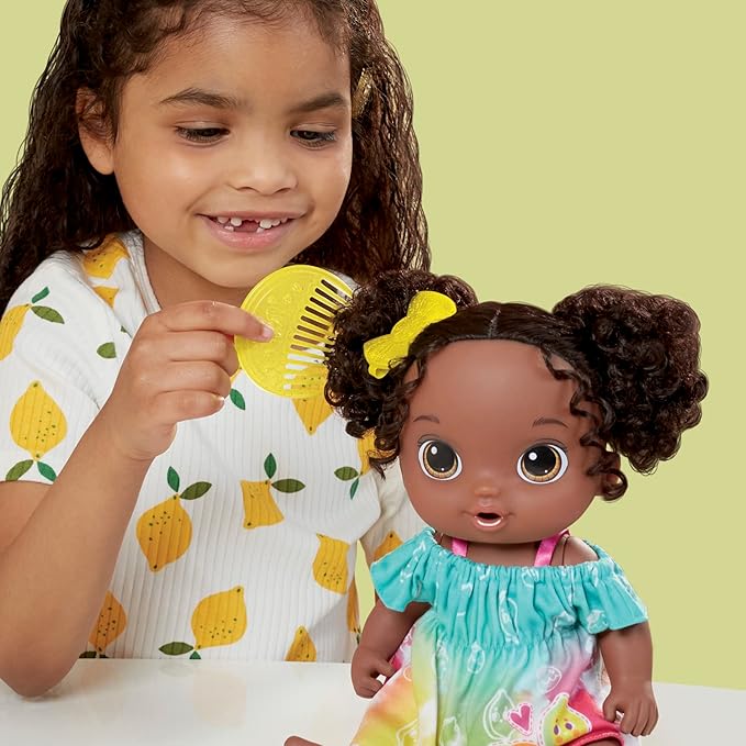 Baby Alive Fruity Sips Doll, Lime, Toys for 3 Year Old Girls, 12-inch Baby Doll Set, Drinks & Wets, Pretend Juicer, Kids 3 and Up, Black Hair