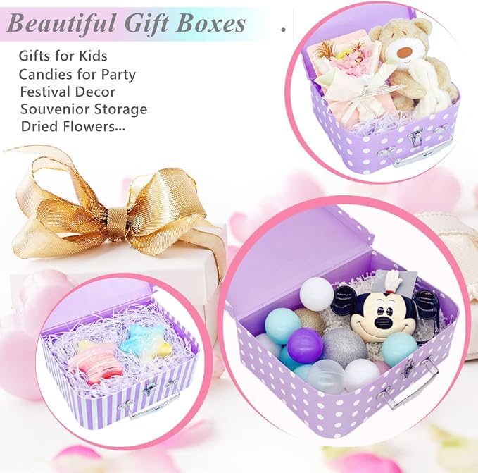 Paperboard Suitcases Set of 3, Cute Storage Box Nesting Gift Boxes with Lids for Christmas New Year, Wedding Birthday Party Home Decor, Mini Suitcase Favor Box (Purple Dots and Strips)