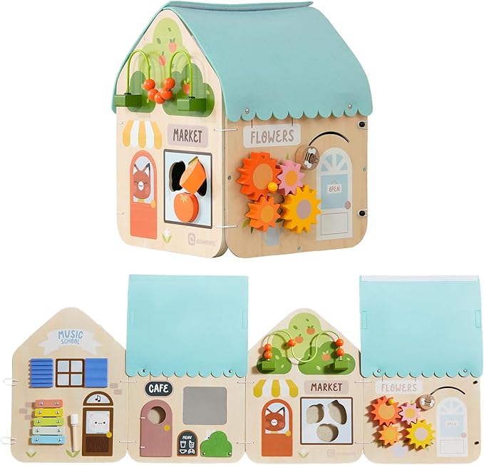 2 in 1 Montessori Wooden Busy Board House, Multi-Functional Foldable Busy Board, Fine Motor Skills Training for Little Kids Aged 1-3, Gifts for Boys and Girls