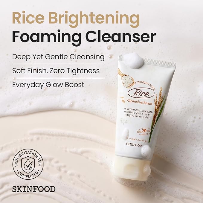 SKINFOOD Rice Daily Cleansing Foam 150ml - Delicate, Fine, and Smooth Brightening Cleansing with Fermented White Rice Ingredients - Firming Bubble Facial Foam Cleanser - For Men and Women (5.07 fl. oz.)