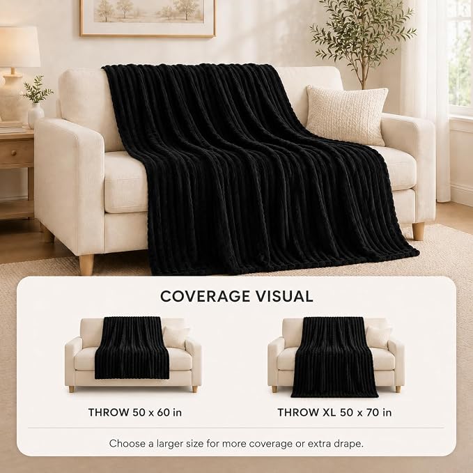 HIMEET Black Throw Blanket for Couch, 300GSM Ribbed Fleece, 50 x 60 Inches | Ultra Soft Flannel, All-Season Lightweight Warmth, Home Room Decor & Dorm Essential, Gift for Men & Women, Machine Washable