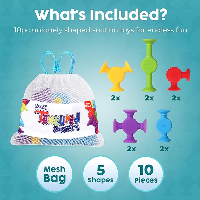BUNMO Bath Toys Suction - Connect, Build, Create - Toddler Bath Toys - Hours of Fun & Creativity - Fine Motor Skills - Stimulating Sensory Toys - Non-Mouthable Toy 3+ - Textured 10 Pack