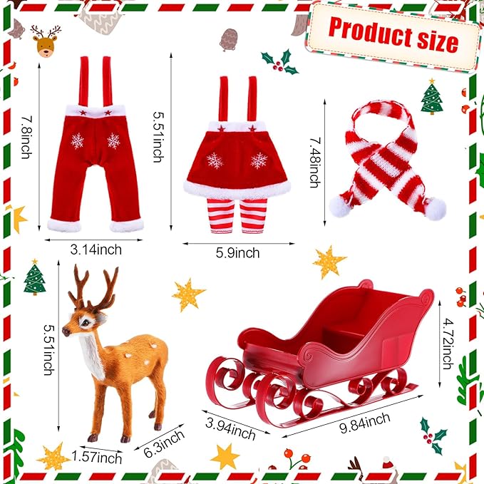 Meooeck 6 Pieces Christmas Accessories Set Including 2 Holiday Clothes Outfit, and 4 Novelty Toy Accessories for Kid(Reindeer)