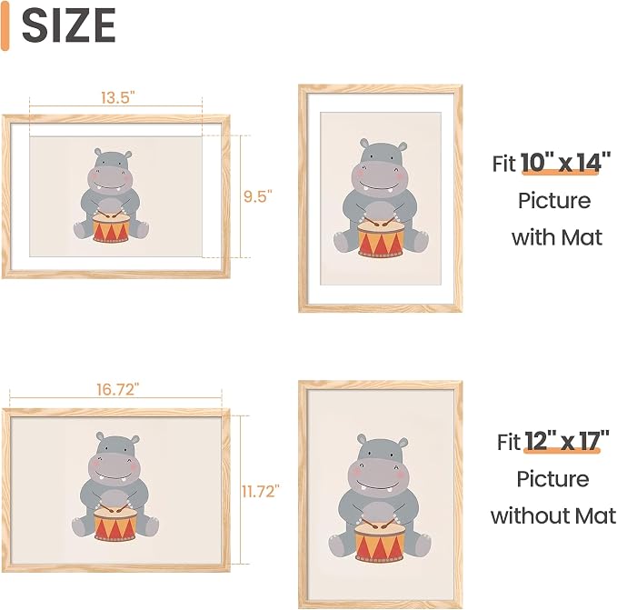 upsimples 12x17 Picture Frame, Display Pictures 10x14 with Mat or 12x17 Without, Wall Hanging Photo Frame, Natural, 1 Pack