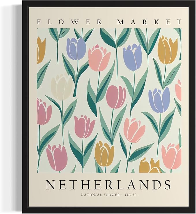 Netherlands Flower Market Art Print Poster, Wall Art Floral Painting Botanical Decor for Bedroom, Kitchen, Bathroom Livingroom Decoration 82B (Netherlands, 14"L x 11"W, Black Frame)
