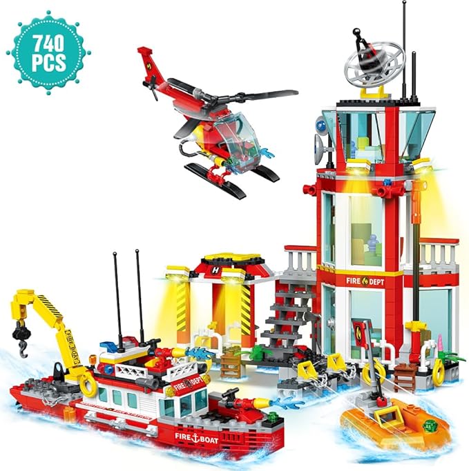 City Marine Fire Station Building Sets,740pcs STEM Toys Building Blocks for Boys 8-12