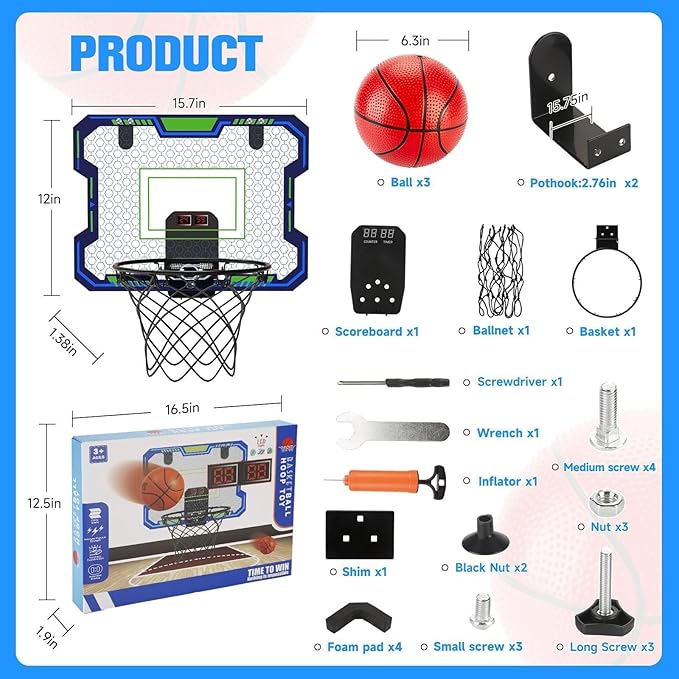 Basketball Hoop Indoor for Kids(4-12 Years Old), Over The Door Basketball Hoop with Scoring, Countdown and Music Accompaniment, Christmas Toys