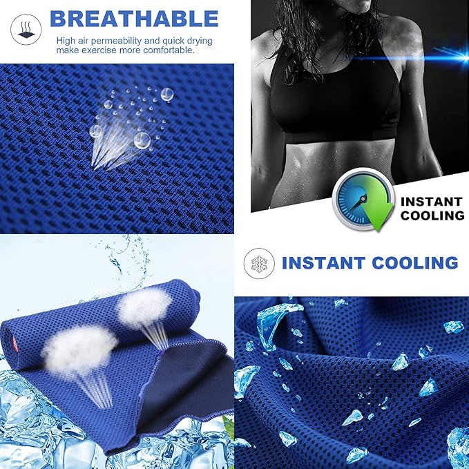 10 Pack Cooling Towels Bulk Microfiber Ice Towel Quick Dry Breathable Chilly Sweat Towel Stay Cool Towel for Neck Face Yoga Gym Workout Running Beach with Carabin Bag, 40x12'', Dark Blue