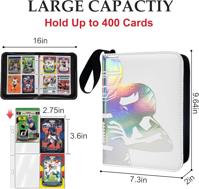 400 Pockets Football Card Binder, Portable Waterproof Storage Card Album with Removable Sleeves for Sports Football Cards 2025 2026 Collectors(laser silver hot stamping)