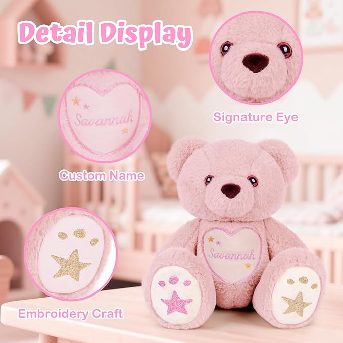 Custom Teddy Bear with Name Embroidery – 360° Rotating Plush Bear Stuffed Animals for Kids Toddler, Personalized Birthday Gifts for Girls Boys (Pink)