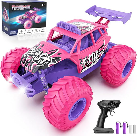 Remote Control Car, All Terrain RC Cars with Speed Switch RC Truck with LED Headlight and Rechargeable Batteries, 20KM/H Monster Truck Toys Gift for Girls Age 6-8 8-12, Pink