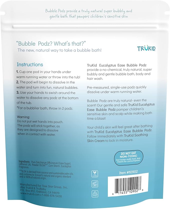 TruKid Bubble Podz Bubble Bath for Kids, Toddlers, & Babies, Tear Free Gentle & Refreshing Bath Bomb for Sensitive Skin with Natural Moisturizers, Non-Toxic, pH Balanced, Eucalyptus Scent (60 Podz)