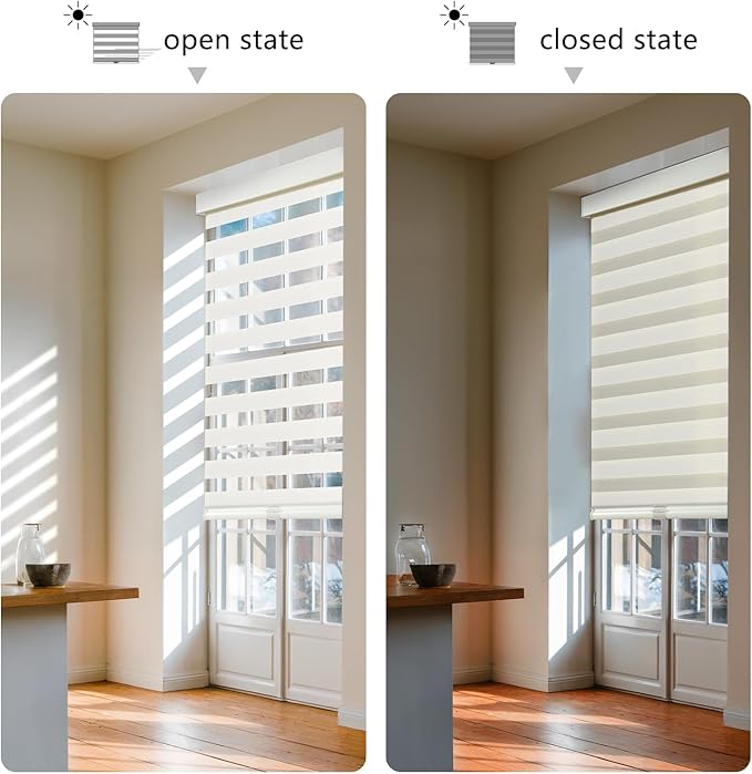 AOSKY Cordless Zebra Blinds for Windows Pull Down Roller Window Shades Dual Layer Light Filtering Privacy for Day and Night, Free-Stop Door Shades for Home Easy to Install (26" W X 72" H, Beige)