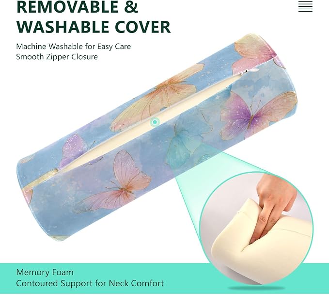 Neck Roll Pillow Bolster Pillows Round Health Memory Foam Long Cervical Cylinder Body Removable Washable Cover Bed Legs Back Yoga Butterfly Blue Pink