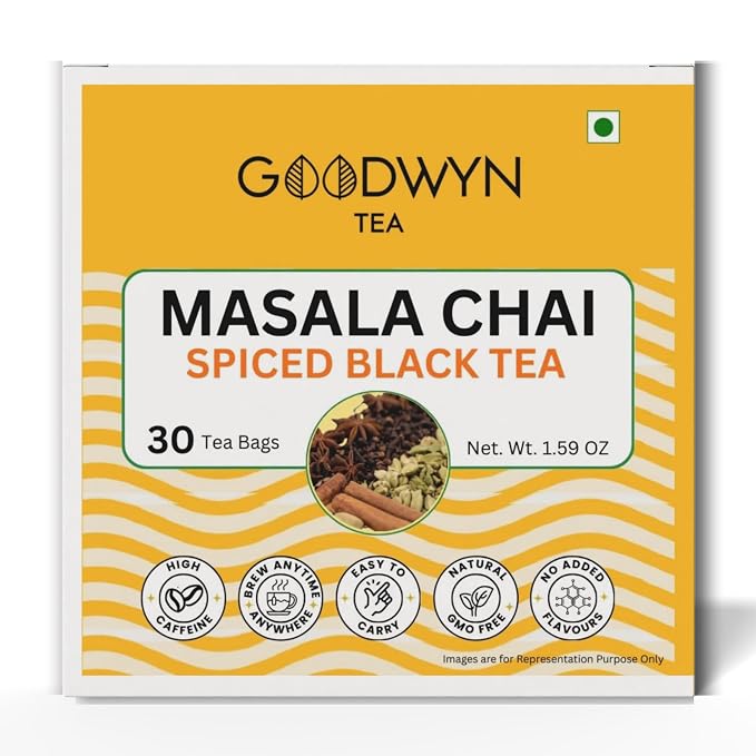 Goodwyn Masala Black Tea Chai (30 Tea Bags) | Authentic Indian Spiced Tea | Kadak Doodh Chai | Real Herbs & Spices | From Own Tea Estates in Assam | 100% Natural | Plastic Free Tea Bags | Bold & Aromatic | Traditional Masala Chai for Daily Enjoyment