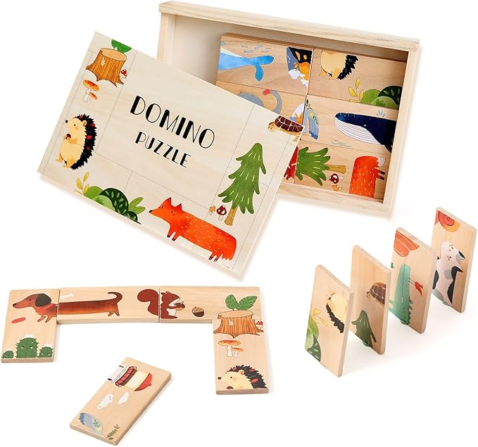 IEATFO 28 Pcs Wooden Domino Puzzle Set with Storage Box - Multicolor Plant, Animal and Landscape Designs - Montessori Toy with Nature-Themed Learning, Domino Game, Logic Puzzle and Building Blocks