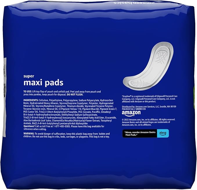 Amazon Basics Maxi Pads for Periods- Thick, Super Absorbency, Unscented, 48 Count (Pack of 2)