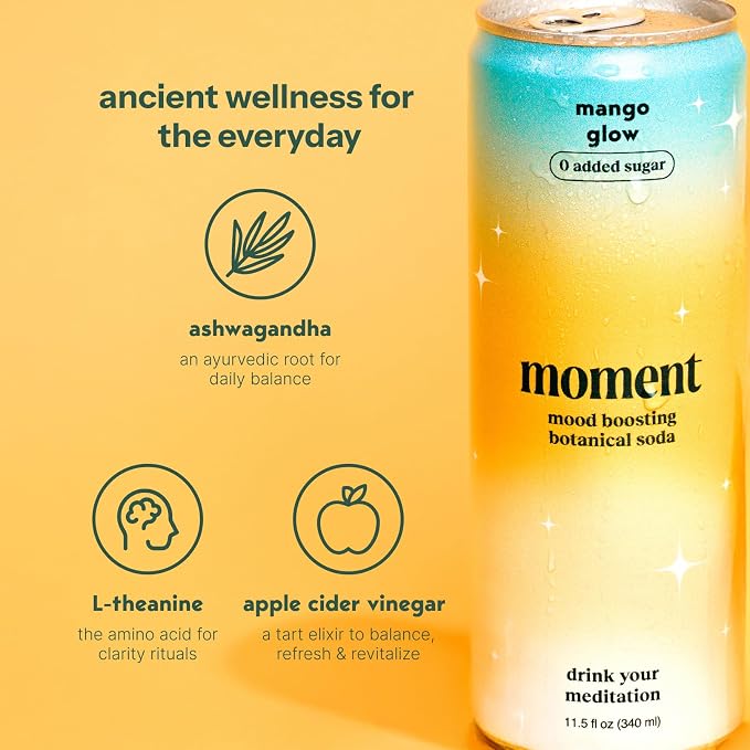 Moment Adaptogen Drink (Shark Tank) - Calm, Clarity & Relaxation with L-Theanine & Ashwagandha - Non Alcoholic Drinks for Adults - Sparkling Botanical Soda - 0 Sugar 0 Caffeine - 12 Pack 11.5 fl oz