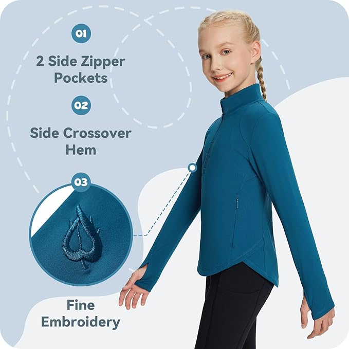 baleaf Girls Long Sleeve Shirts Fleece Jacket Fall Half Zip Pullover Kids Sweatshirts Athletic Thermal Coat